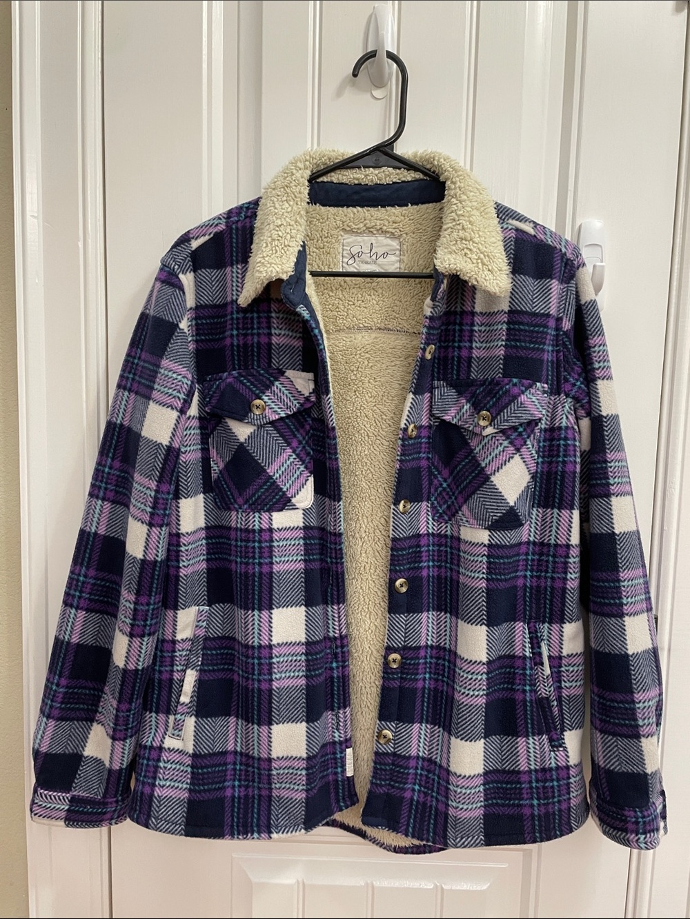 SoHo Purple Plaid Sherpa-Lined Utility Jacket
